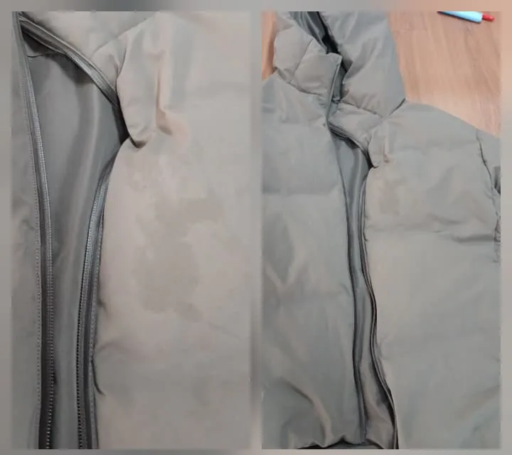 Campera gris manchada antes de la limpieza