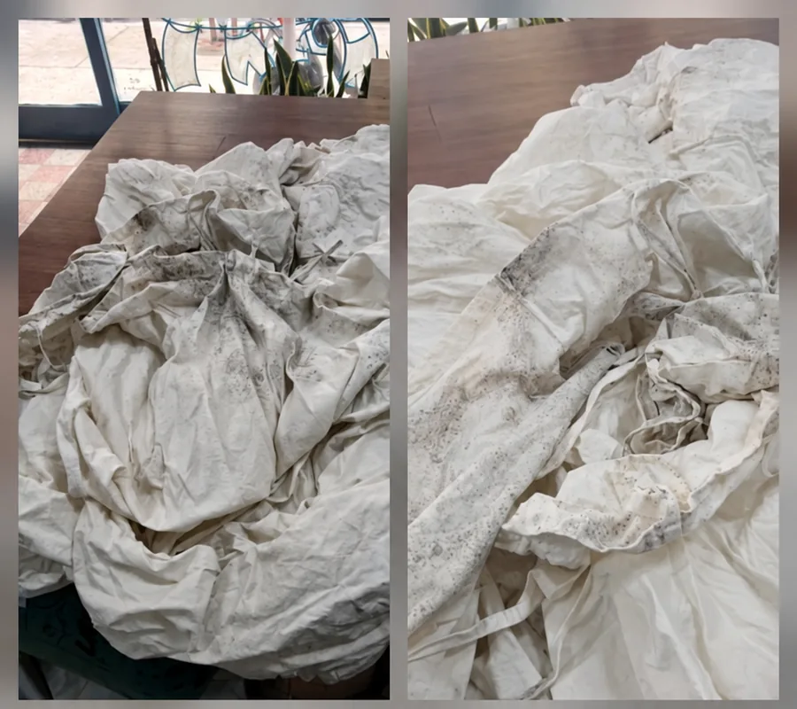 Ropa de cama con moho antes de la limpieza