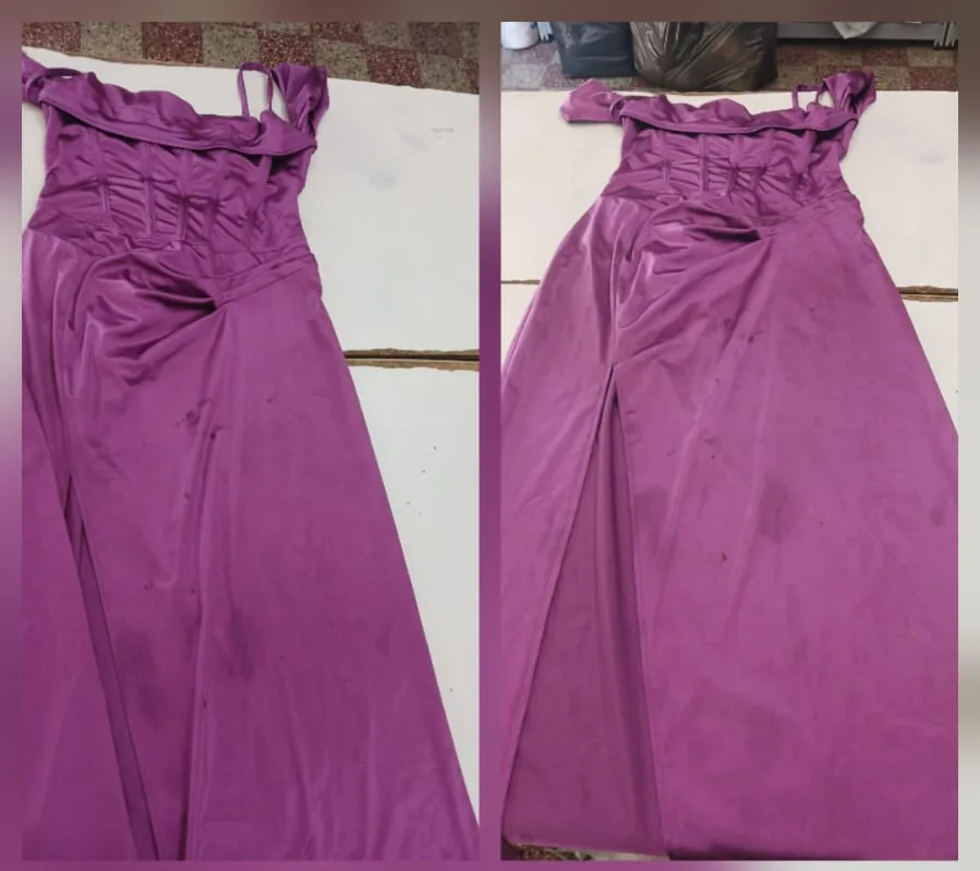 Vestido violeta con manchas antes de la limpieza profesional